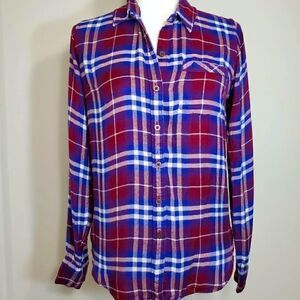 Lucky Brand- Red & Blue Plaid Button Down Flannel Blouse Tunic Top Women’s, Sz M